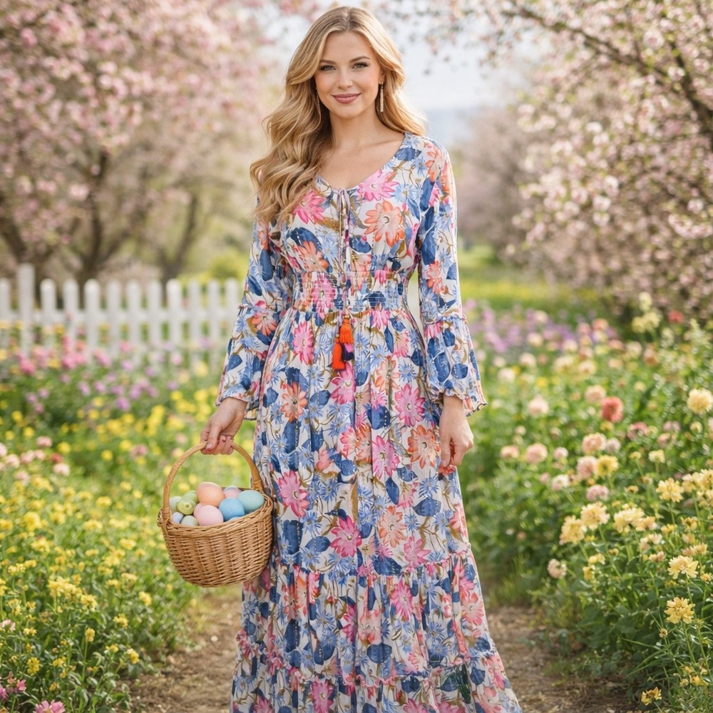 We 2 Magic Floral Maxi Dress Womens Small Pink‎ Blue Viscose Boho Smocked Tiered